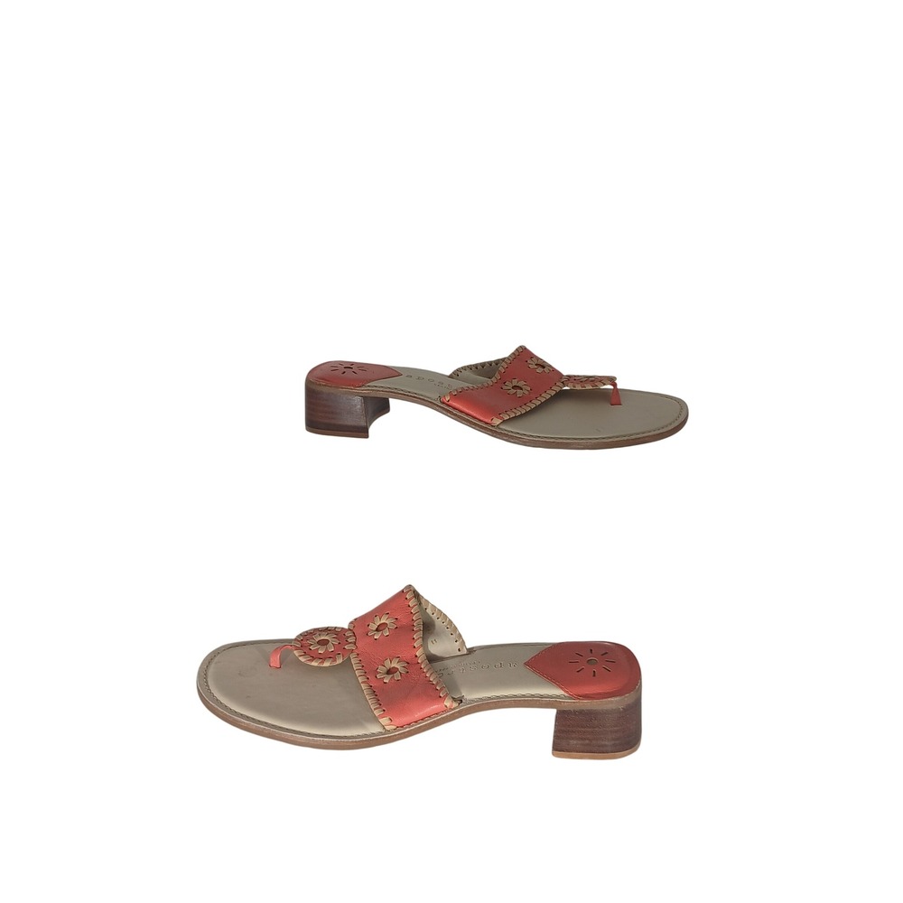 Apostrophe Jaclyn Thong Sandals 7M Orange Leather Whipstitch Floral Block Heel